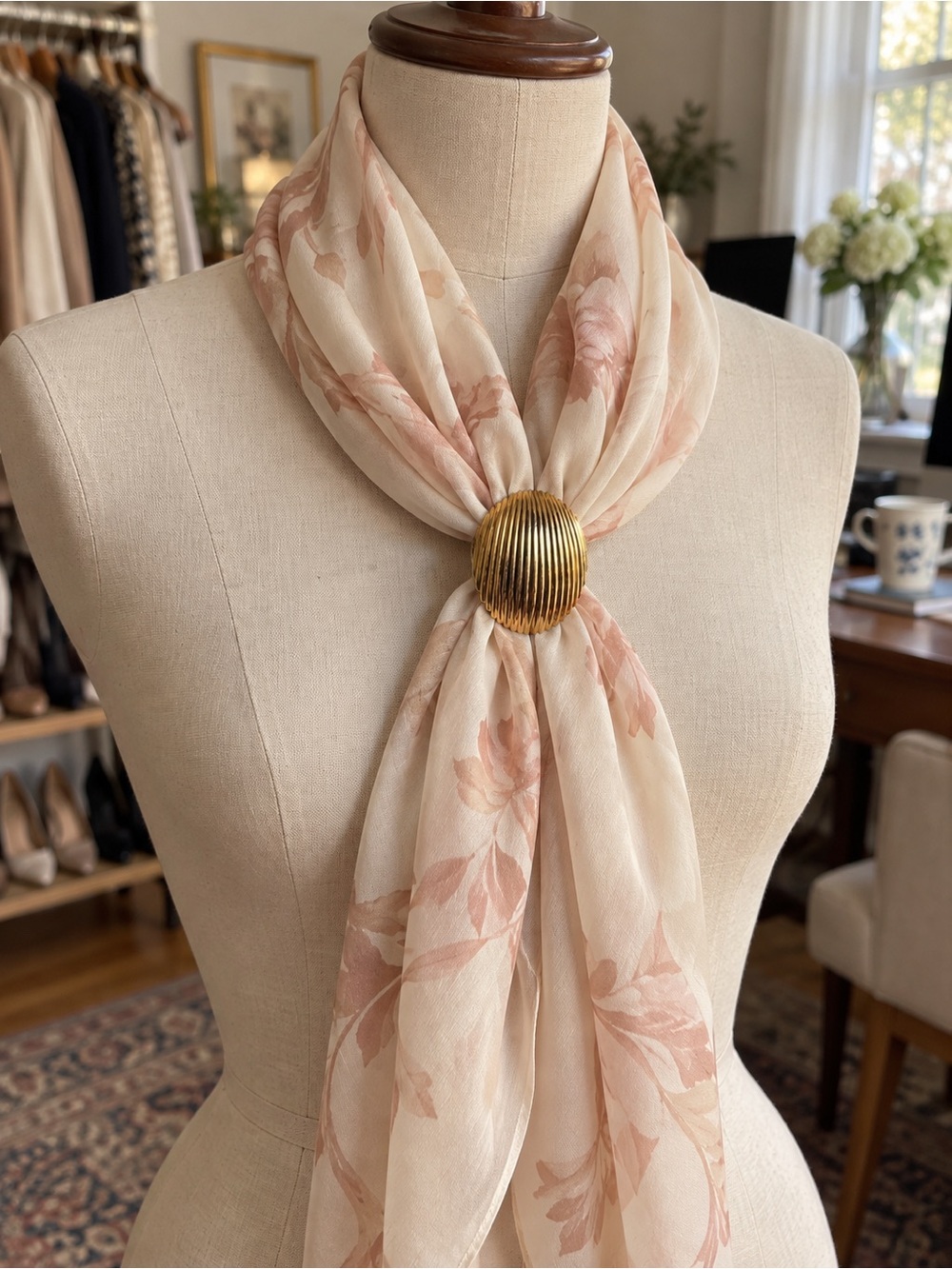 Vintage Lieba USA Ribbed Gold-Tone Seashell Scarf Clip